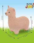 playful beige alpaca jumpy hopper bouncing in a sunny garden with a smiling toddler