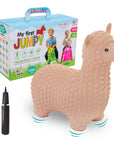 soft beige alpaca jumpy hopper toy sitting in a cozy nursery with warm morning light