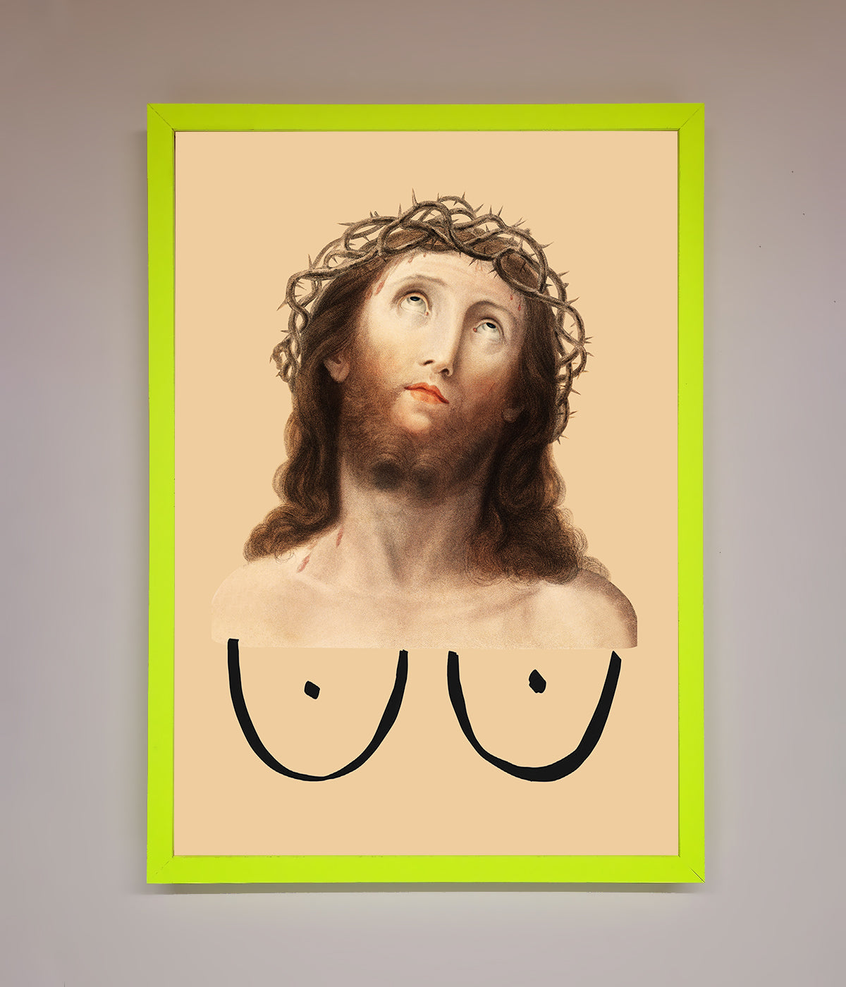 Premium Jesus Breasts Framed Poster, stylish spiritual wall art, luxury home decor, best-selling unique framed print by Zestio at brixbailey.com