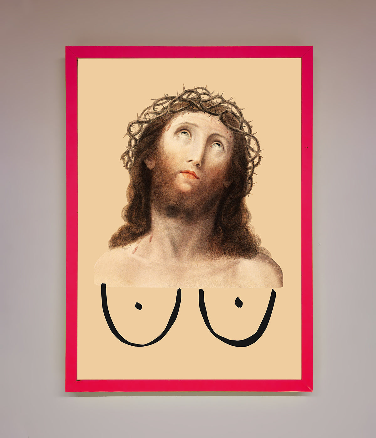 Luxury Jesus Breasts Framed Poster, stylish spiritual wall art, premium home decor, trending best-selling unique artwork by Zestio at brixbailey.com