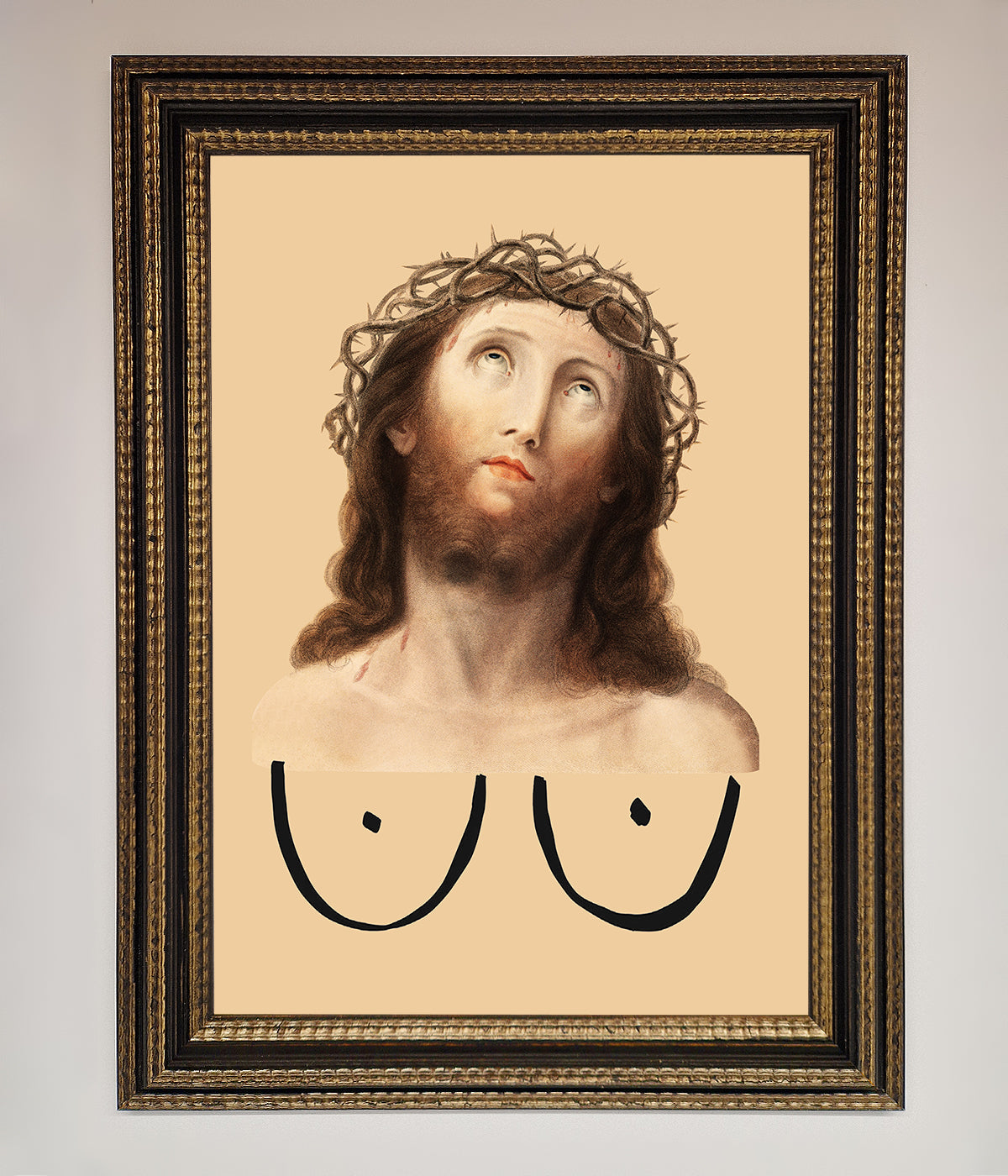 Luxury Jesus Breasts Framed Poster, stylish spiritual wall art for home or office decor by Zestio at brixbailey.com