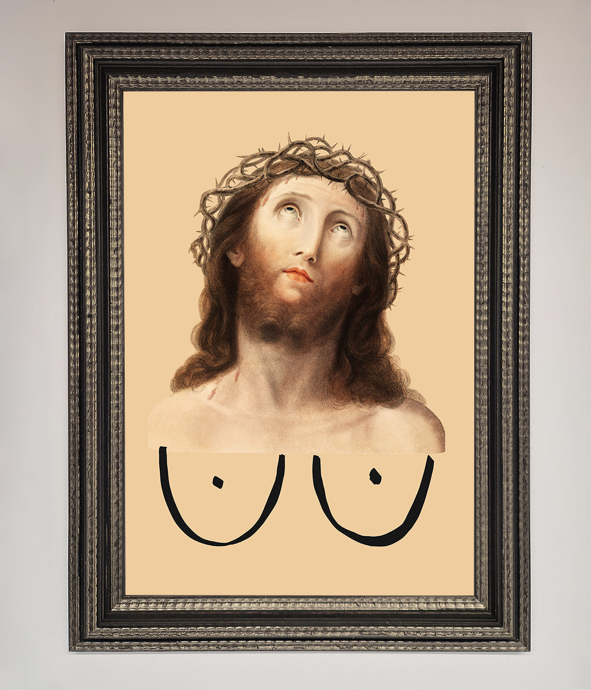 Premium Jesus Breasts Framed Poster, stylish spiritual wall art, luxury home decor, best-selling unique statement piece by Zestio at brixbailey.com