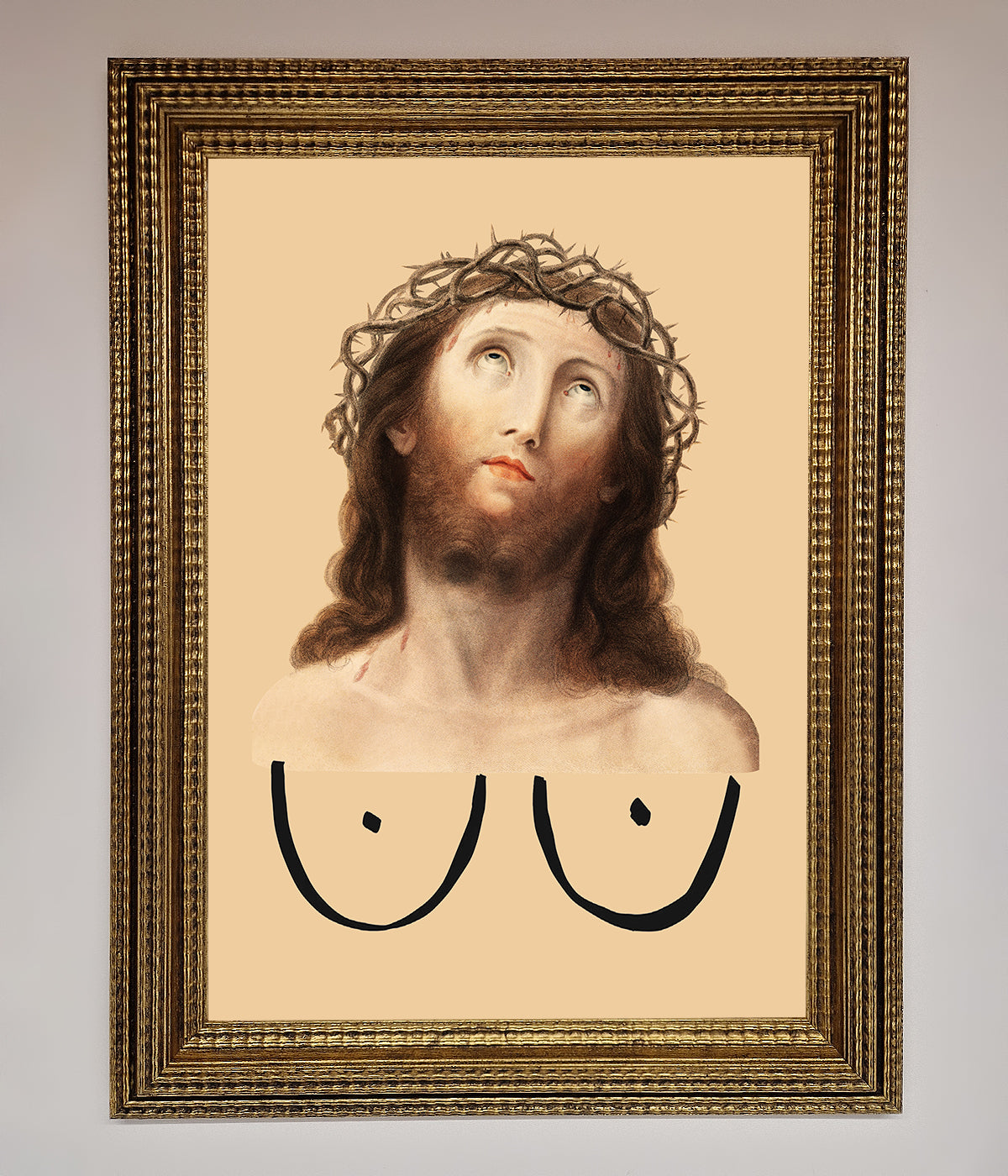 Luxury Jesus Breasts framed poster, premium spiritual wall art, stylish home decor, trending statement piece, best-selling unique artwork by Zestio at brixbailey.com