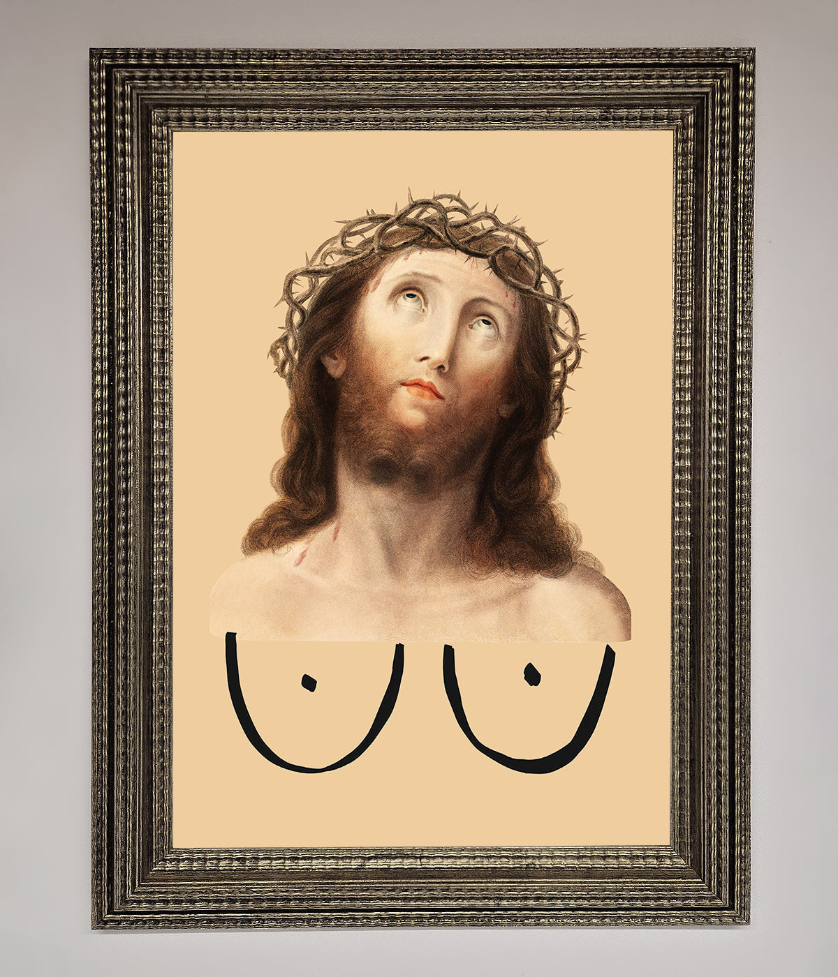 Luxury Jesus Breasts Framed Poster, premium spiritual wall art, stylish home decor, trending statement piece, best-selling unique artwork by Zestio at brixbailey.com