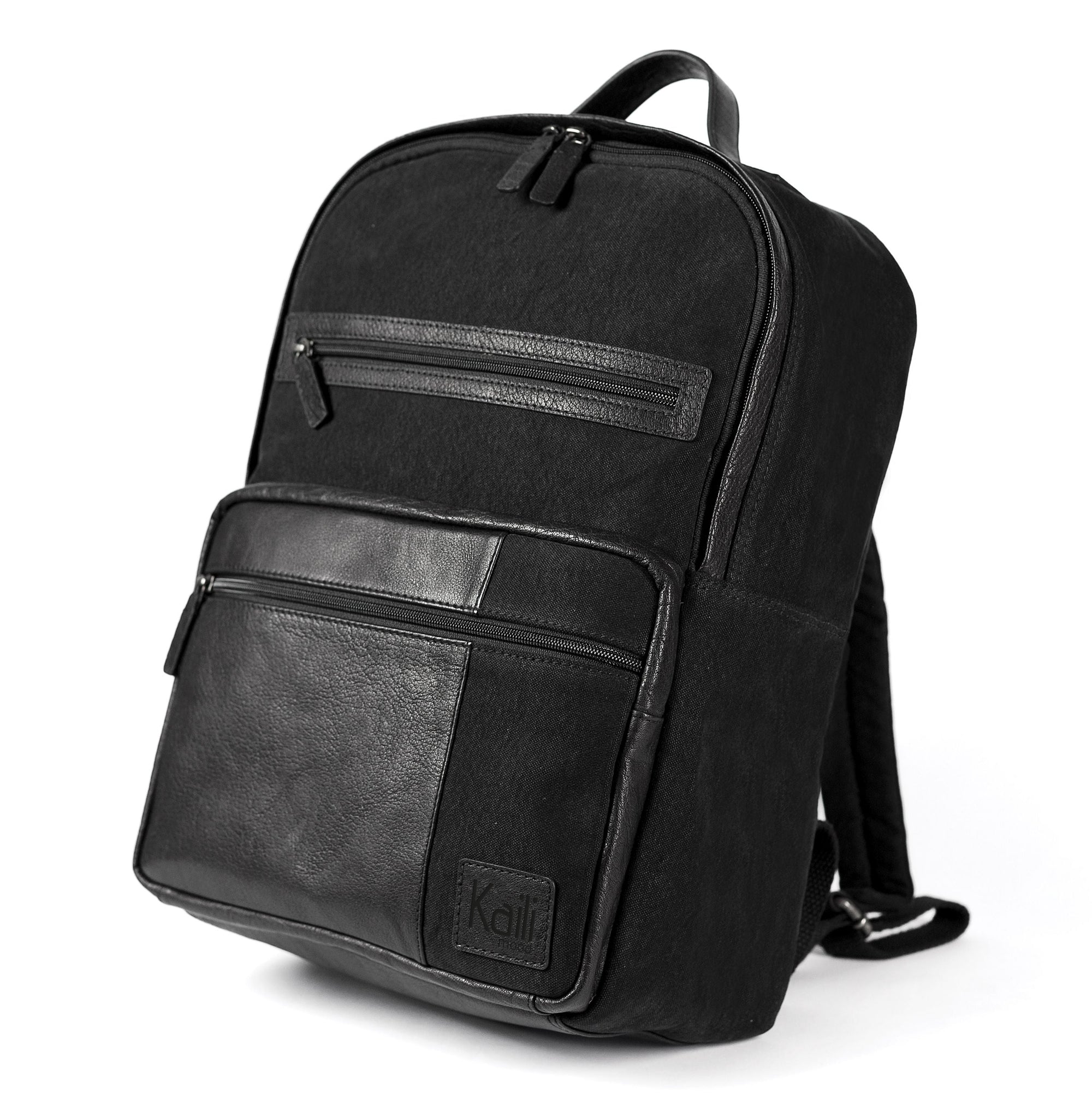 Kaili Mood - Black Canvas & Genuine Leather Laptop Backpack - Adjustable Straps & Multiple Pockets by Kailimood.store at brixbailey.com