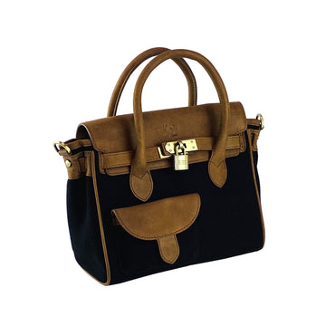 Mini Handbag in Canvas/Genuine Leather Made in Italy - Elegant Black & Vintage Brown - Adjustable Strap & Multiple Pockets by Kailimood.store at brixbailey.com