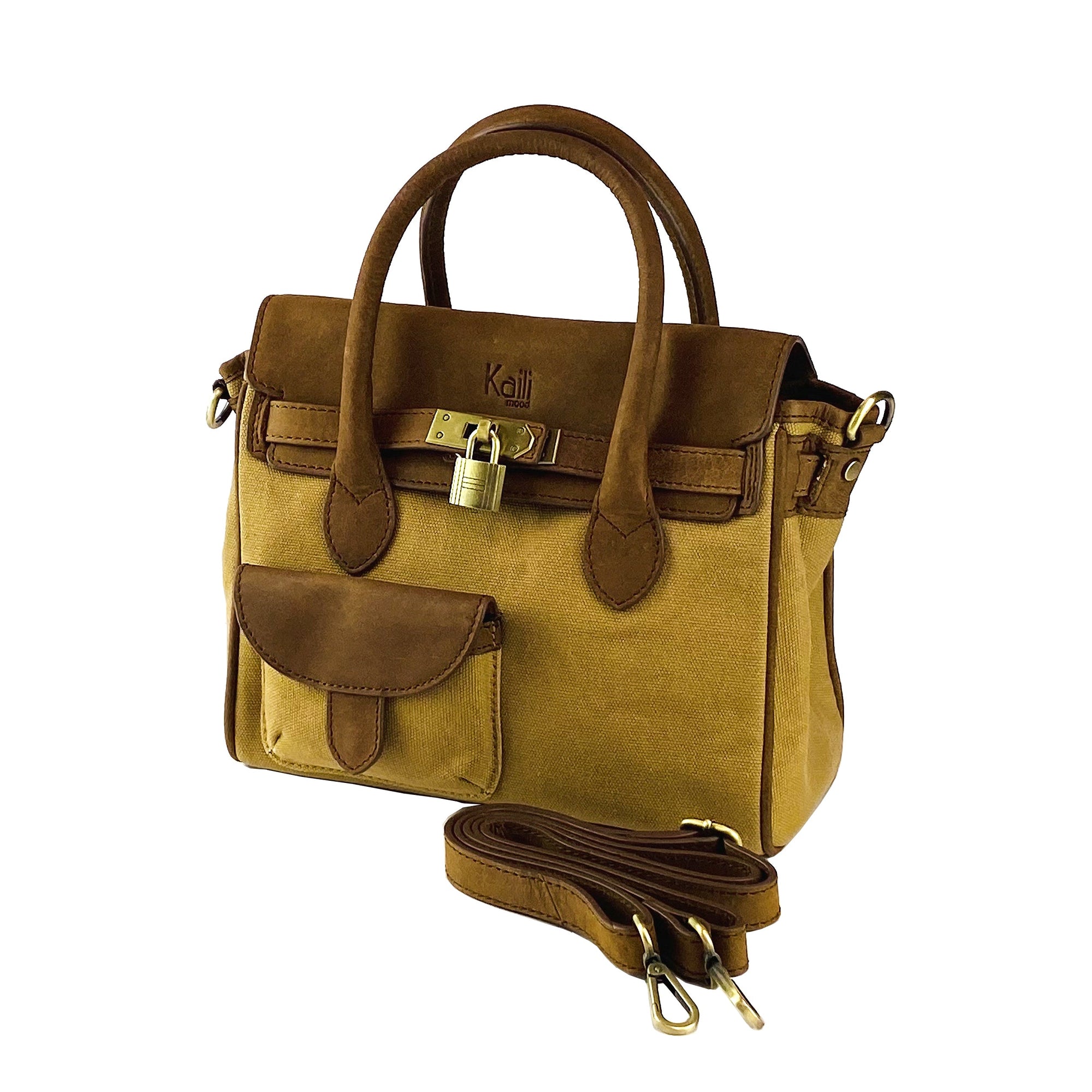Mini Handbag in Canvas/Genuine Leather Made in Italy - Elegant Hazelnut Vintage Style with Adjustable Shoulder Strap by Kailimood.store at brixbailey.com