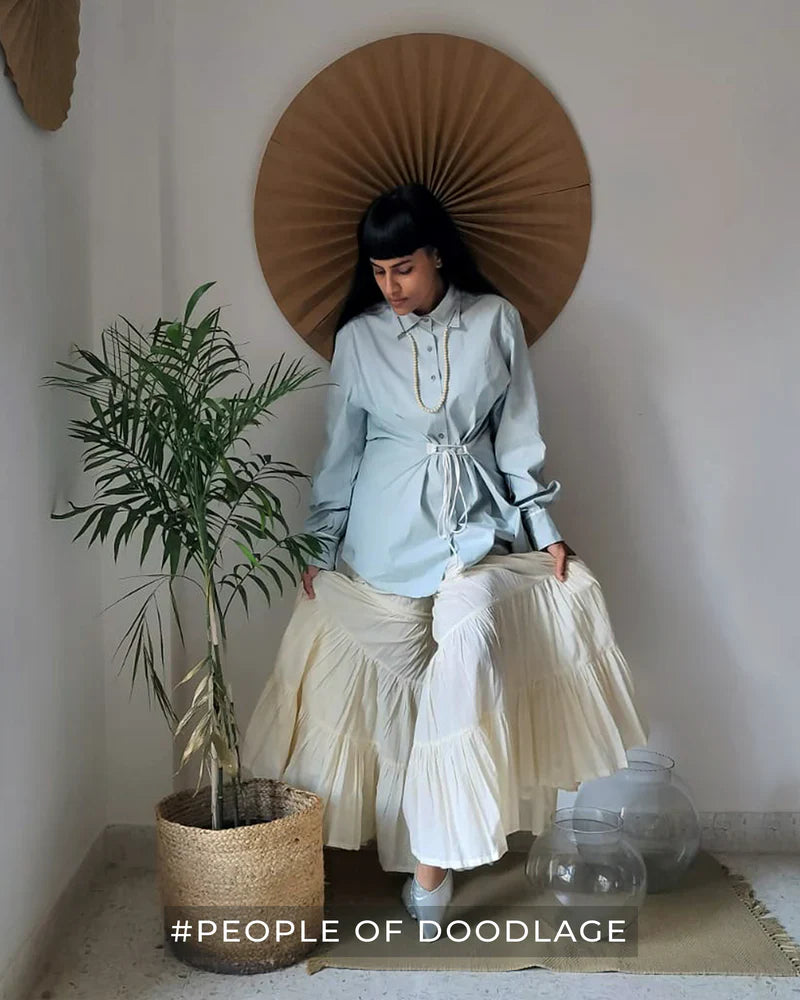 Luxury oversized ice blue upcycled cotton linen shirt with tie-up detailing, KATE BLUE premium stylish best-selling top by Bethikal at brixbailey.com