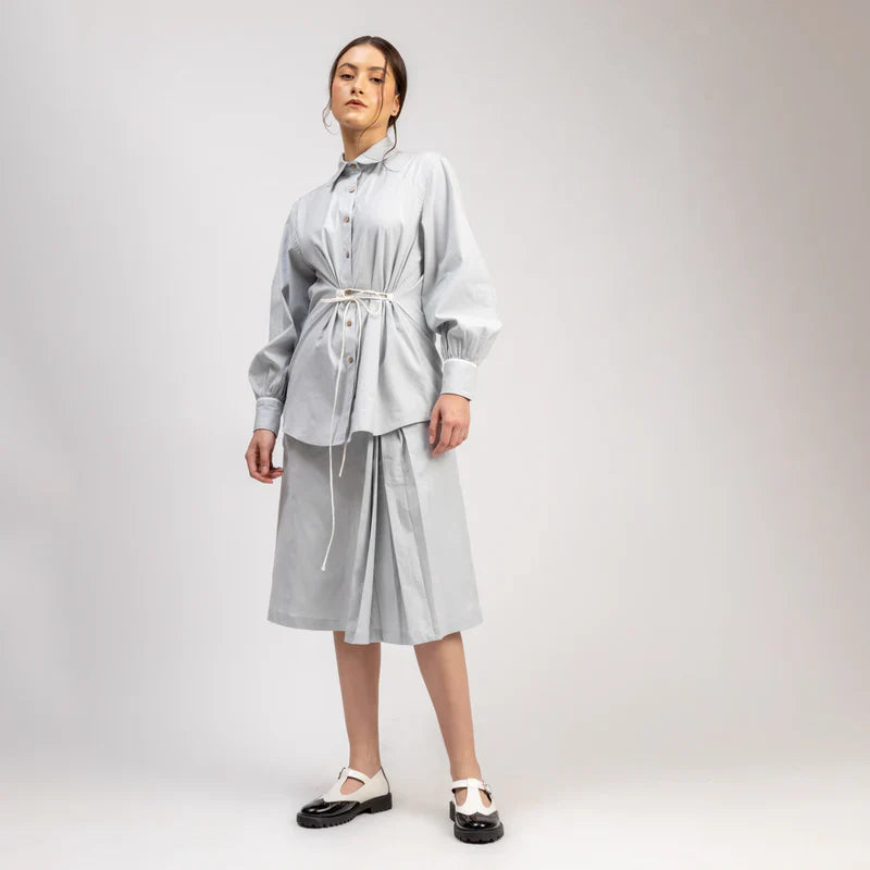 Luxury oversized ice blue upcycled cotton linen shirt with tie-up detailing, best-selling stylish KATE BLUE design by Bethikal at brixbailey.com