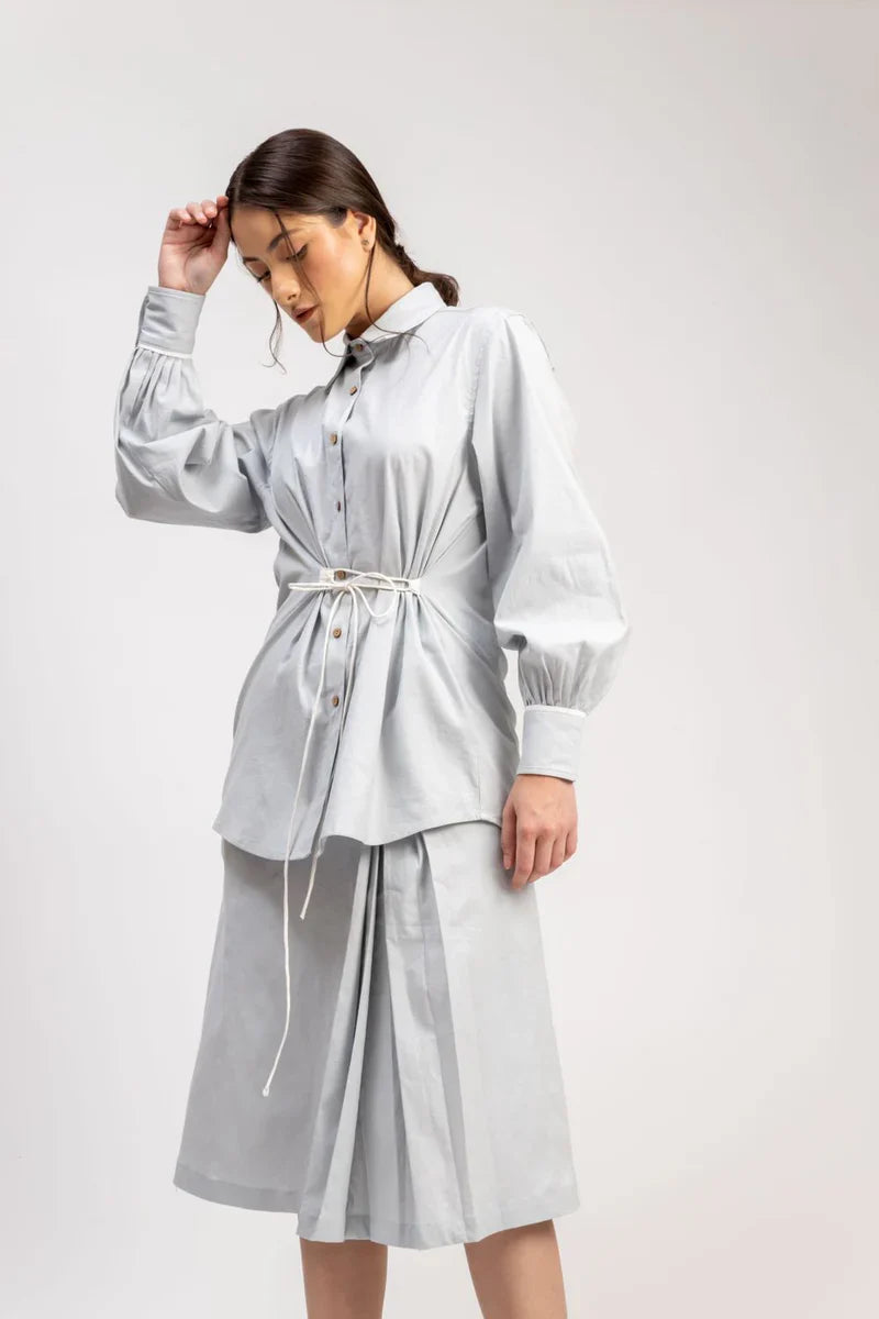 Luxury oversized ice blue upcycled cotton linen shirt with tie-up detailing, best-selling kate blue style, comfortable fit by Bethikal at brixbailey.com