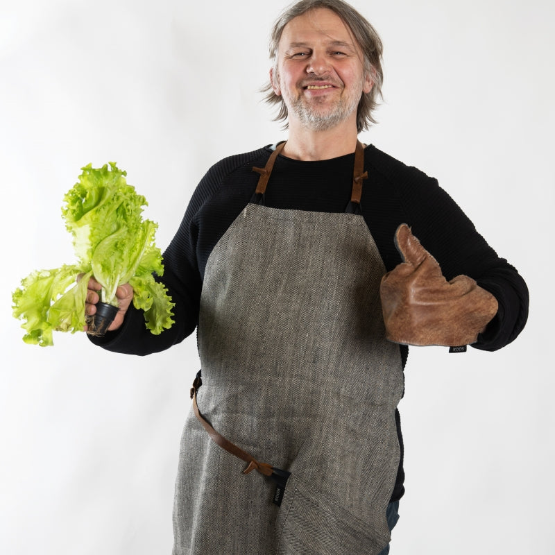 Herringbone Linen Apron with Leather Details – Stylish &amp; Sustainable by KOOSdisain at www.brixbailey.com