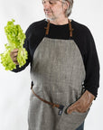 Luxury Herringbone Linen Apron with Leather Details – Stylish & Eco-Friendly by KOOSdisain at www.brixbailey.com