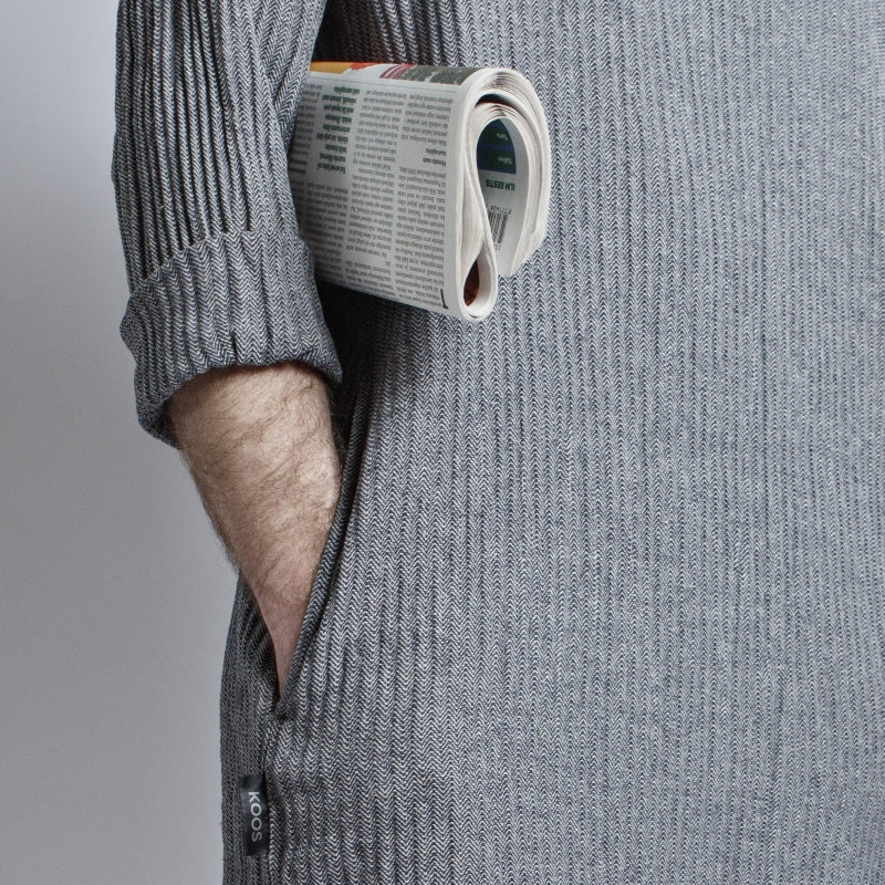 Black and Gray Fishbone Linen Mens Dress with Pockets