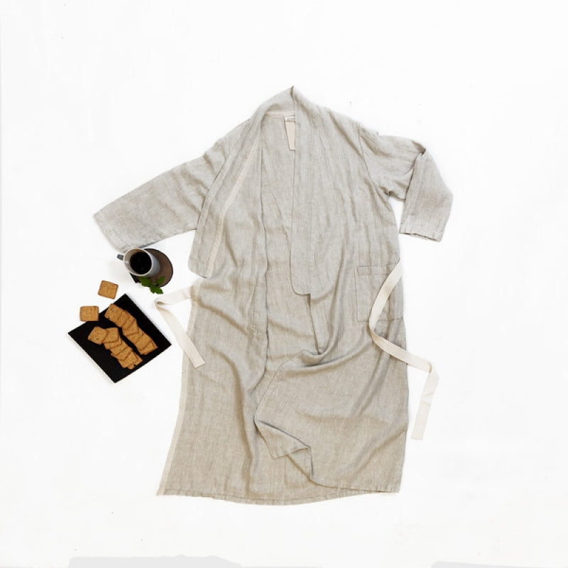 Linen Bathrobe in Grey Fishbone