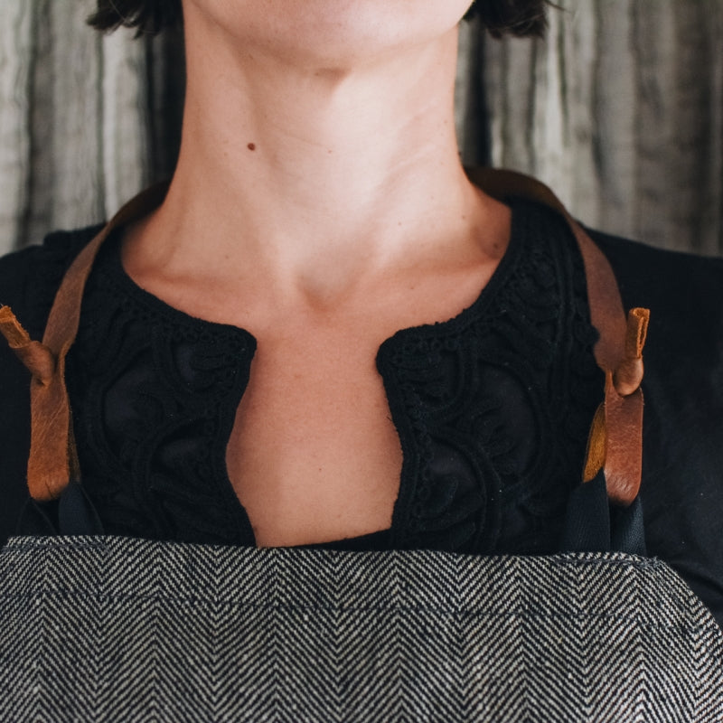 Herringbone Linen Apron with Leather Details – Stylish &amp; Sustainable by KOOSdisain at www.brixbailey.com