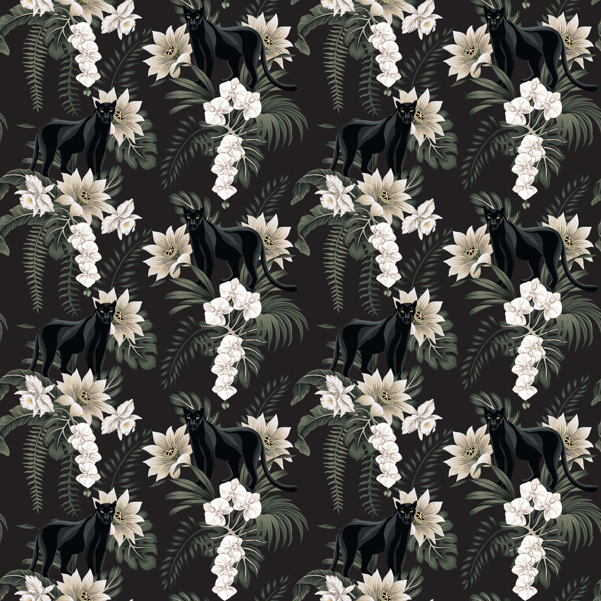 Black Panther Wallpaper with Ferns and Flowers