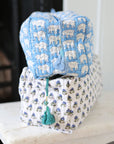 Blue elephant wash bag block print cotton with waterproof lining