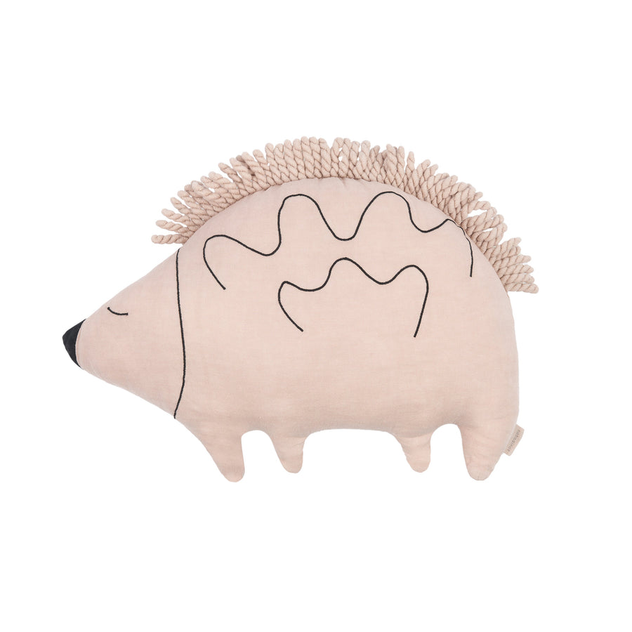 Luxury Enzo the Hedgehog embroidered cushion, premium French linen, soft handcrafted baby-friendly design, stylish pink mauve decor by Ella James at brixbailey.com
