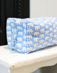 Blue elephant wash bag block print cotton with waterproof lining