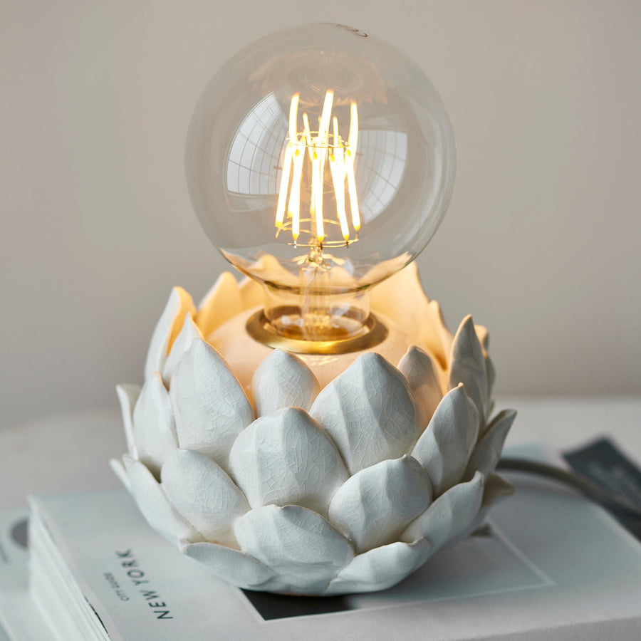 Luxury artichoke table lamp, stylish ceramic base, trending filament light for living room, study, or hallway decor by Ella James at brixbailey.com