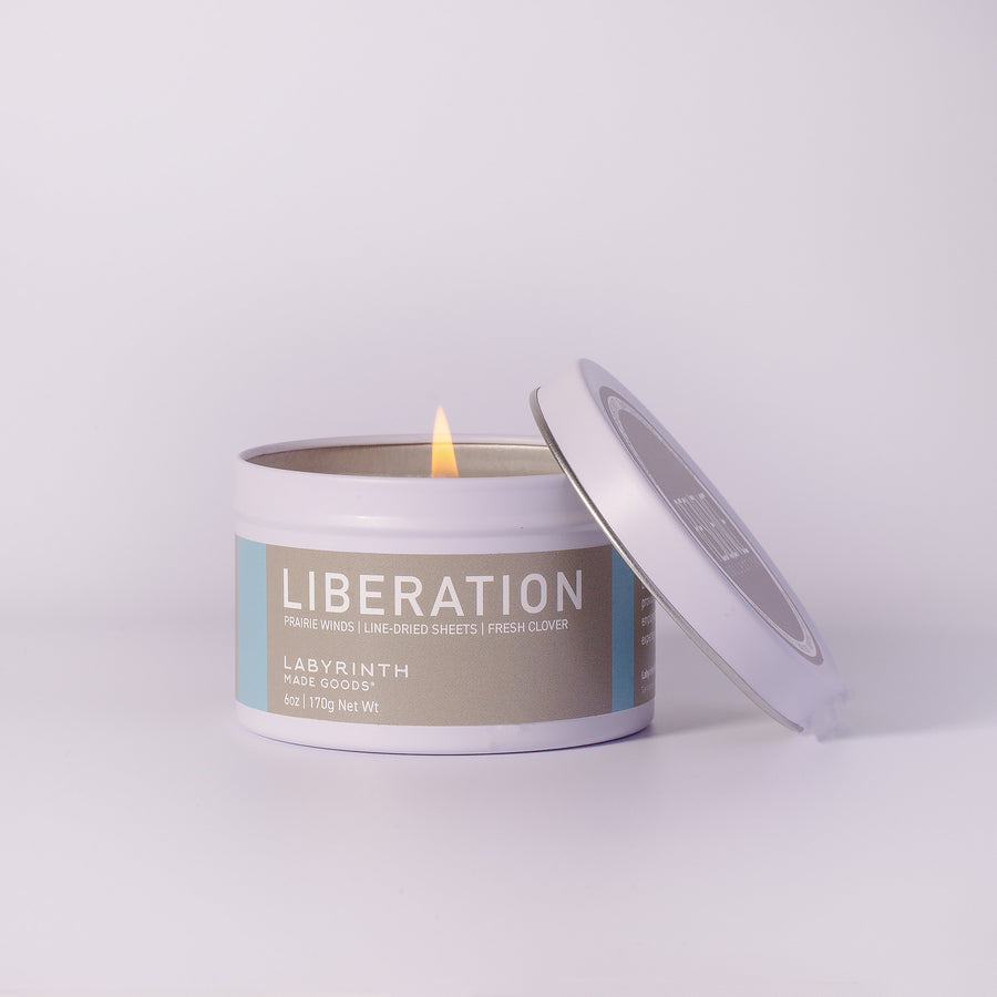 Luxury Liberation scented candle, handcrafted soy wax with prairie winds, fresh clover, and sun-ripened stone fruit notes by Labyrinth Made Goods at brixbailey.com
