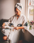 Organic Kimono in White with Dark Blue & Black Eye: Short