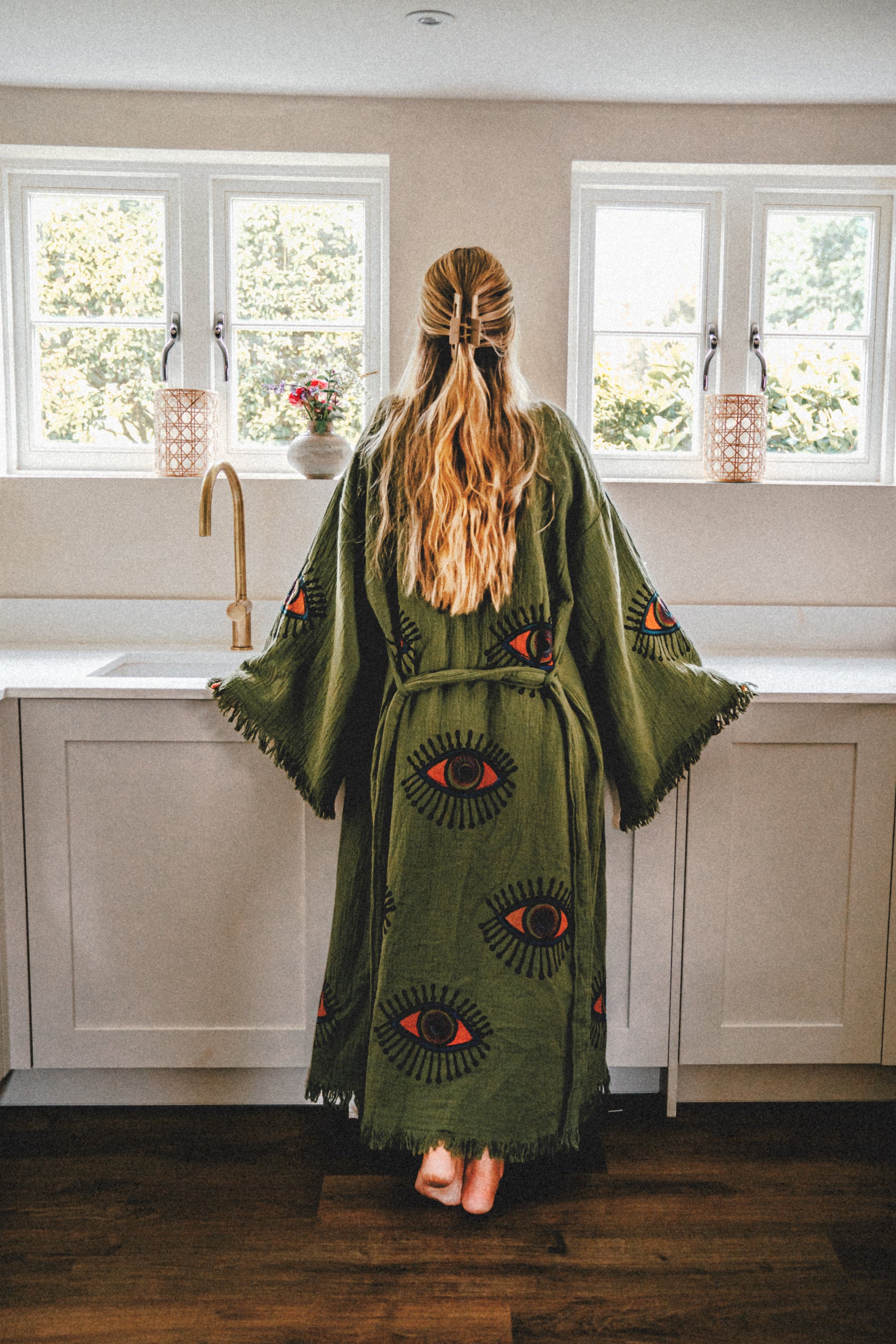 Long Cotton Robe: Khaki Green Eye