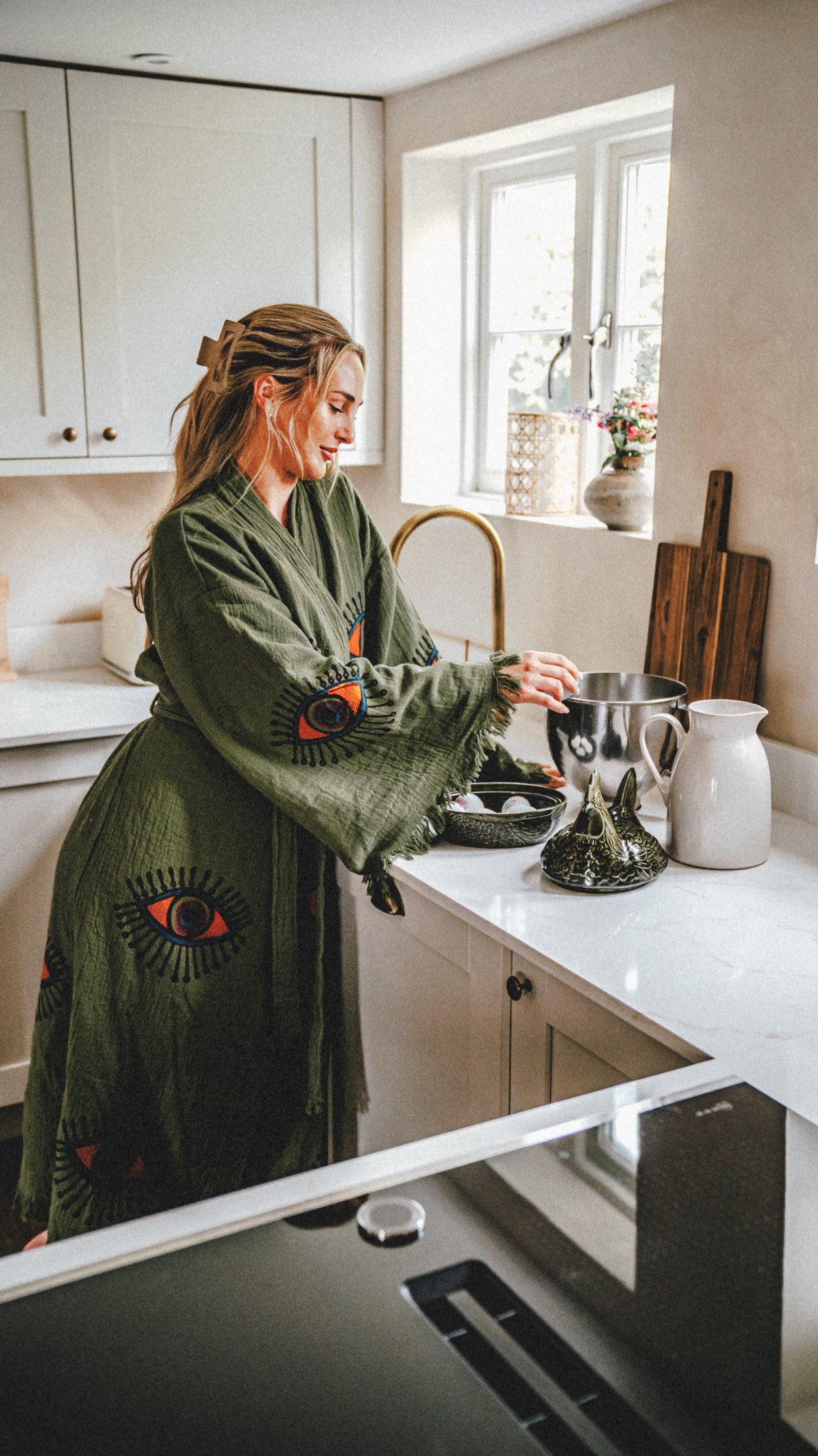 Long Cotton Robe: Khaki Green Eye