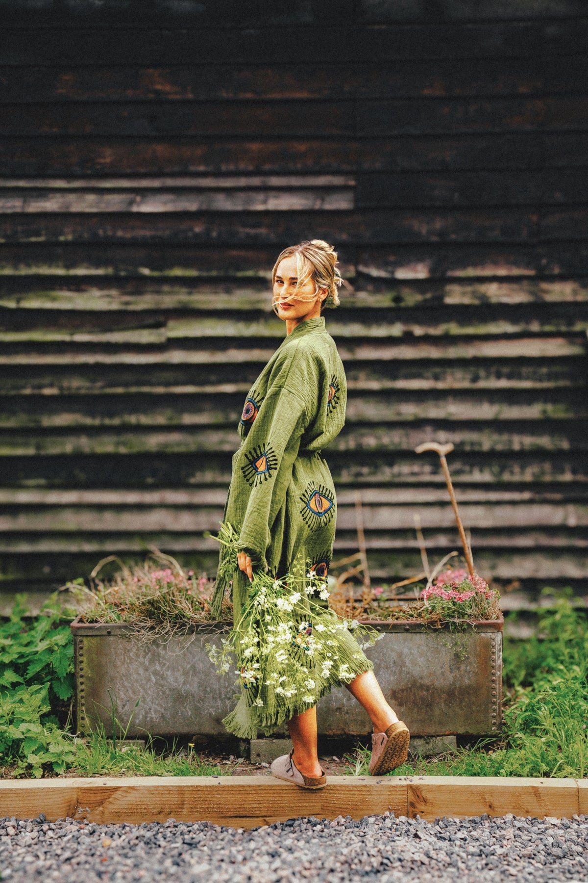 Long Cotton Robe: Khaki Green Eye