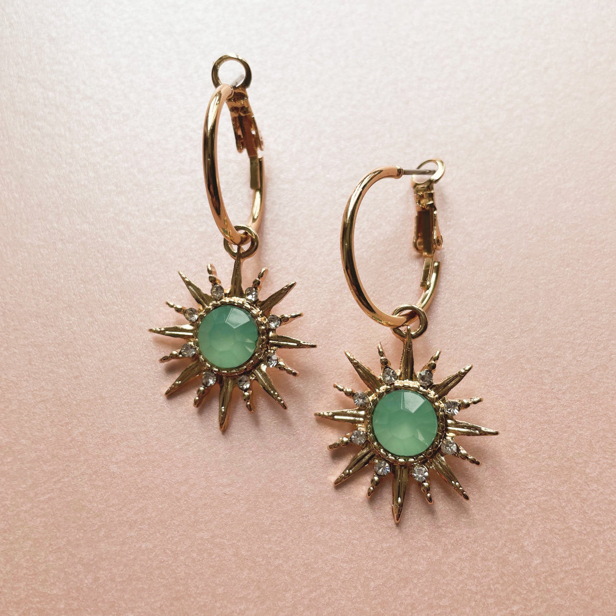 Aqua Gem Hoop Earrings in Gold Tone
