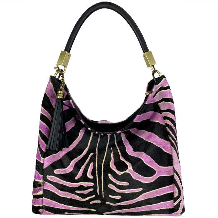 Large Black and lilac Zebra Print Hair On Leather Tassel Grab Bag Sostter