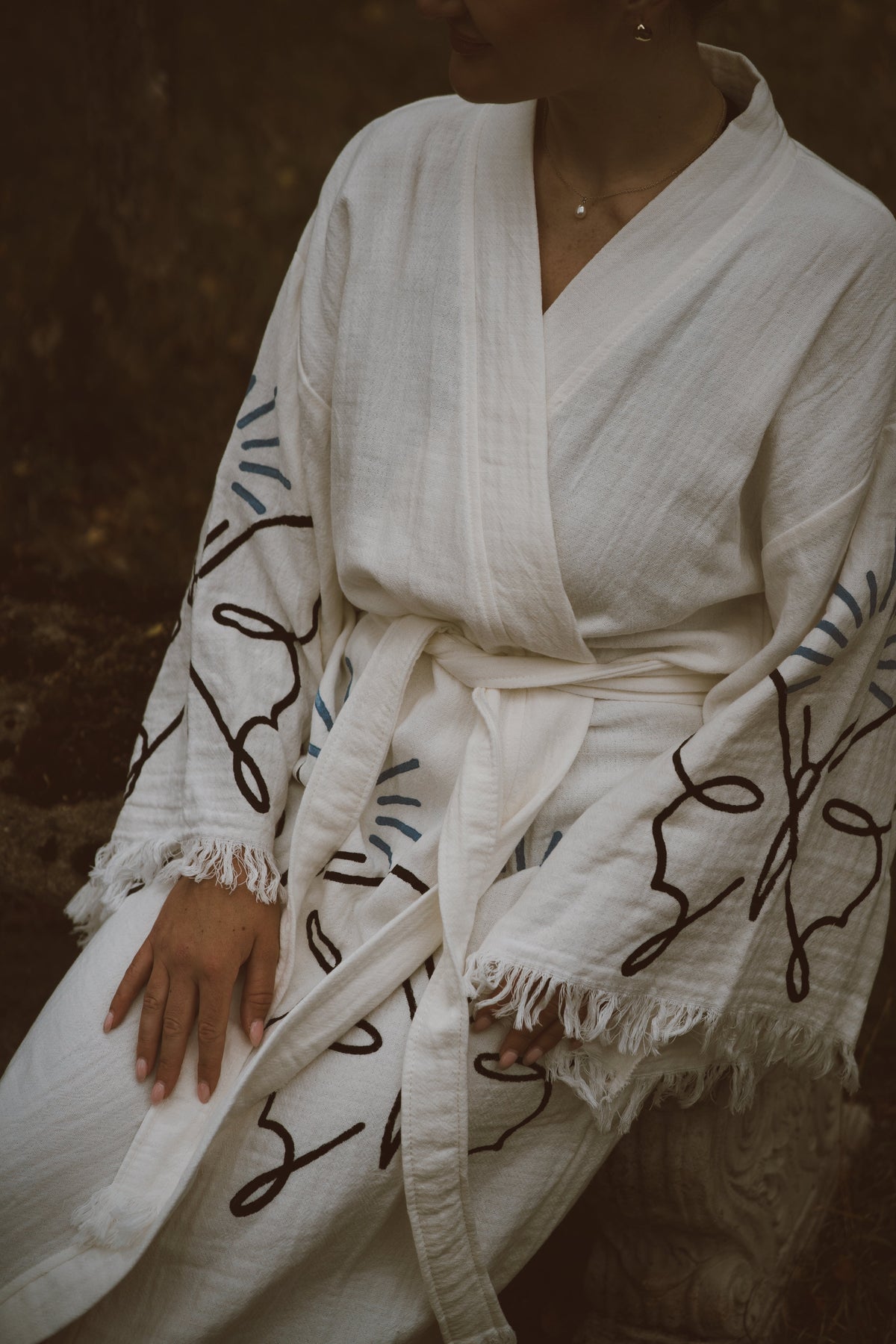 Long Cotton Robe: White with Butterfly
