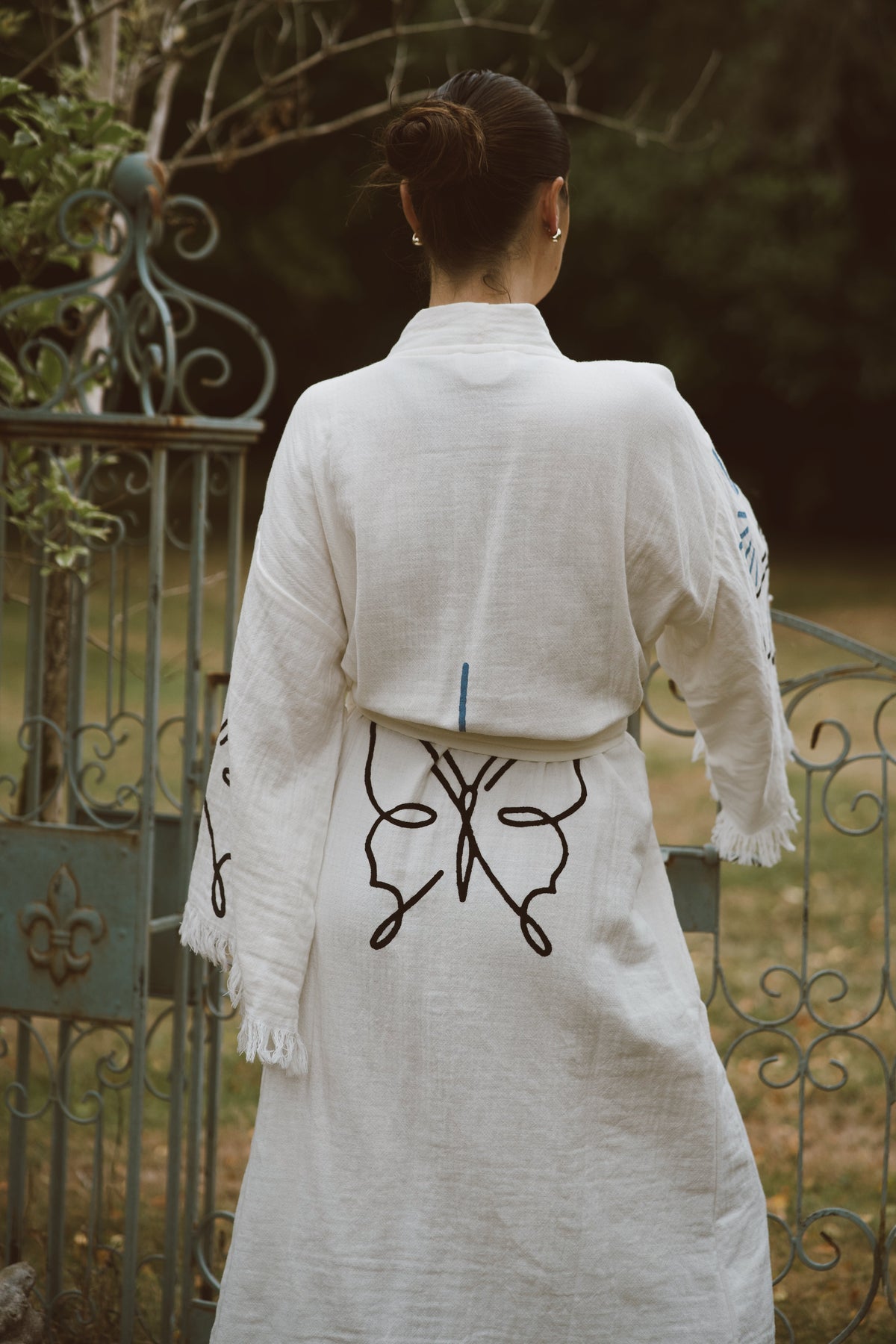 Long Cotton Robe: White with Butterfly