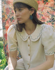 Frances Linen Cropped Blouse with Embroidered Trims - Natural - Pre order for End of September Delivery