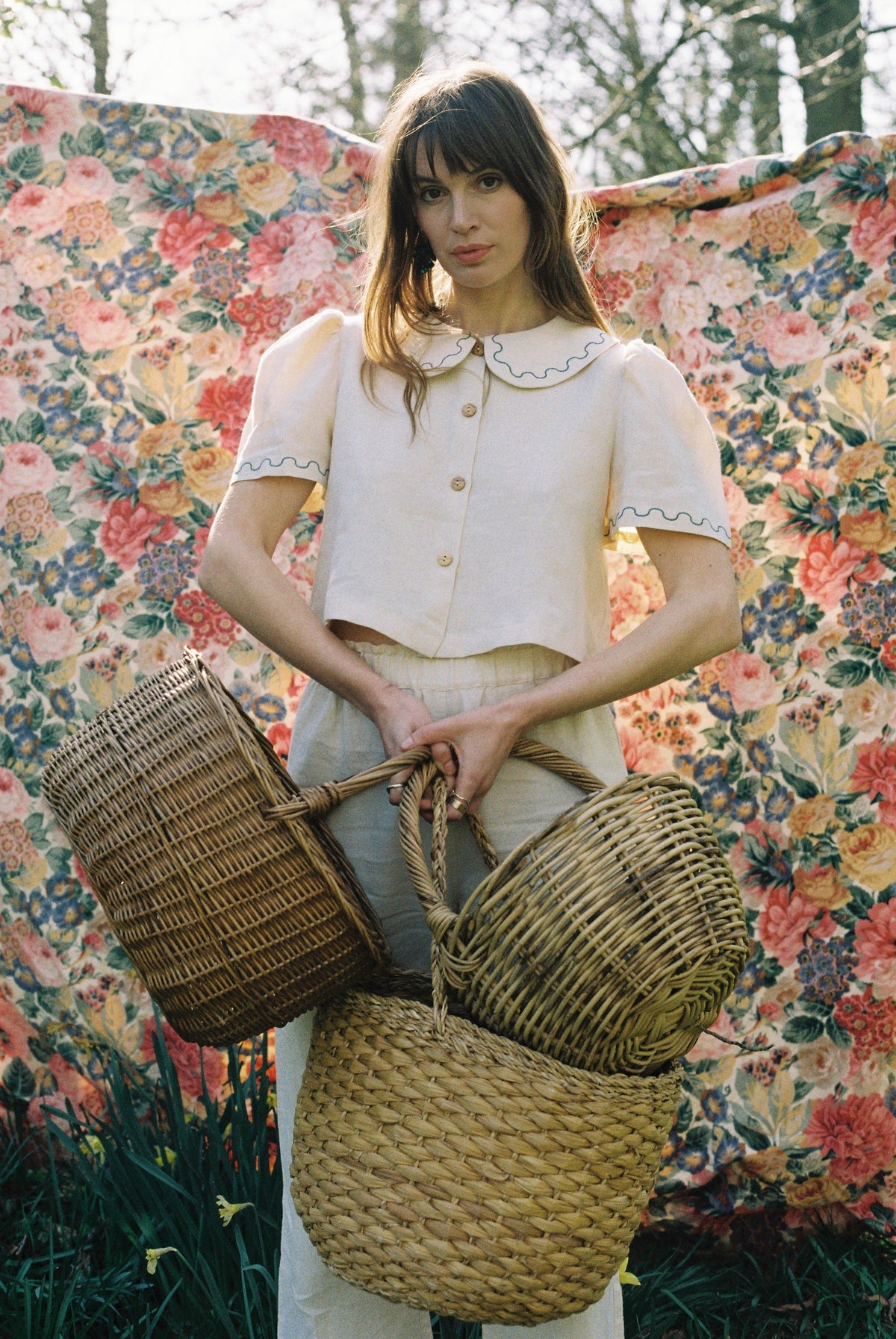 Frances Linen Cropped Blouse with Embroidered Trims - Natural - Pre order for End of September Delivery