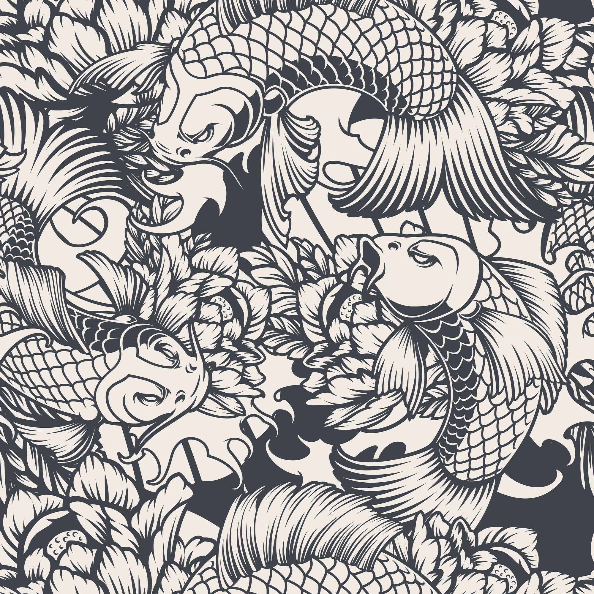 Koi Carp Statement Wallpaper in Black and White