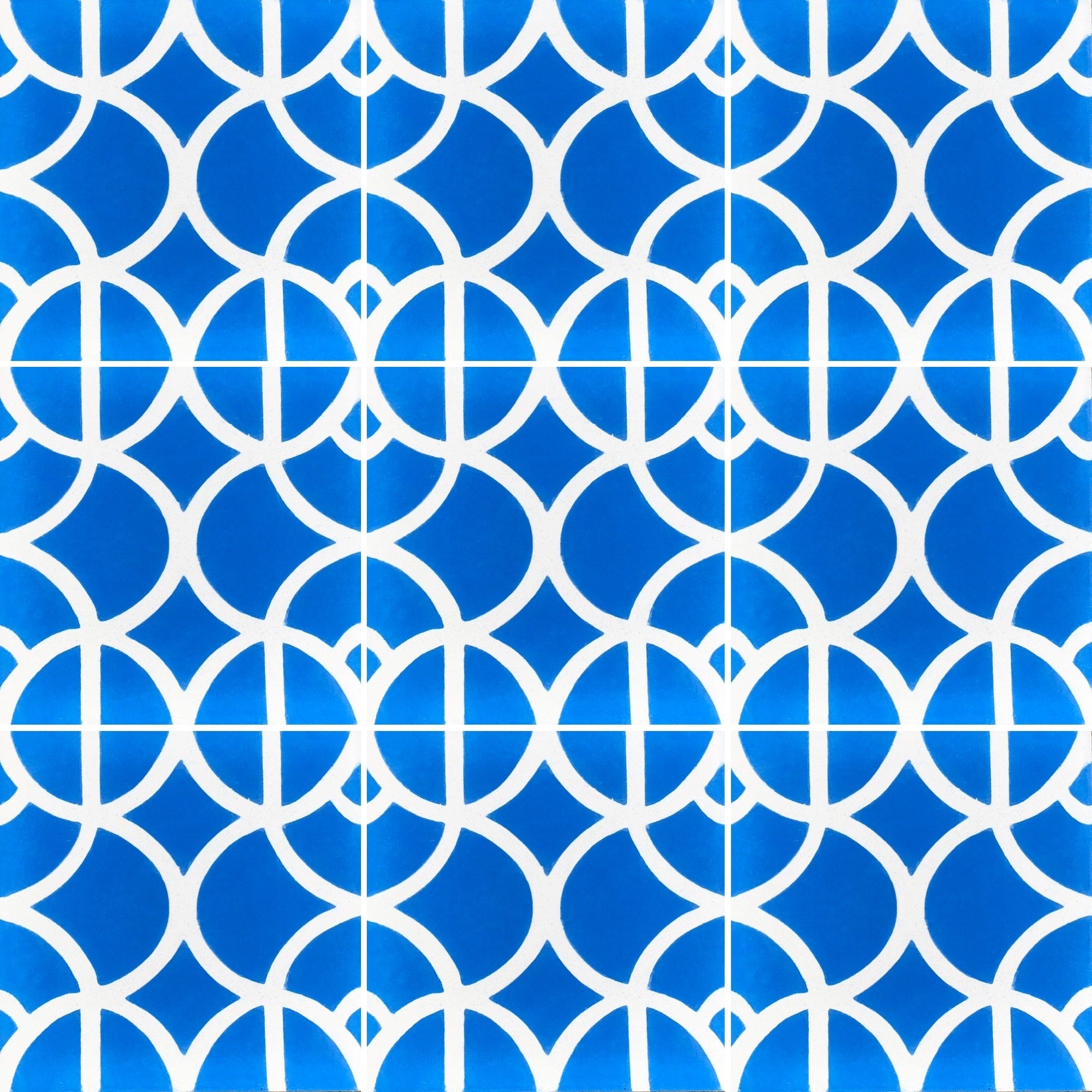 Luxury blue cement tile, handcrafted Moroccan Lotus design, premium blue and white floor and wall tile by Maria Starling Design at brixbailey.com