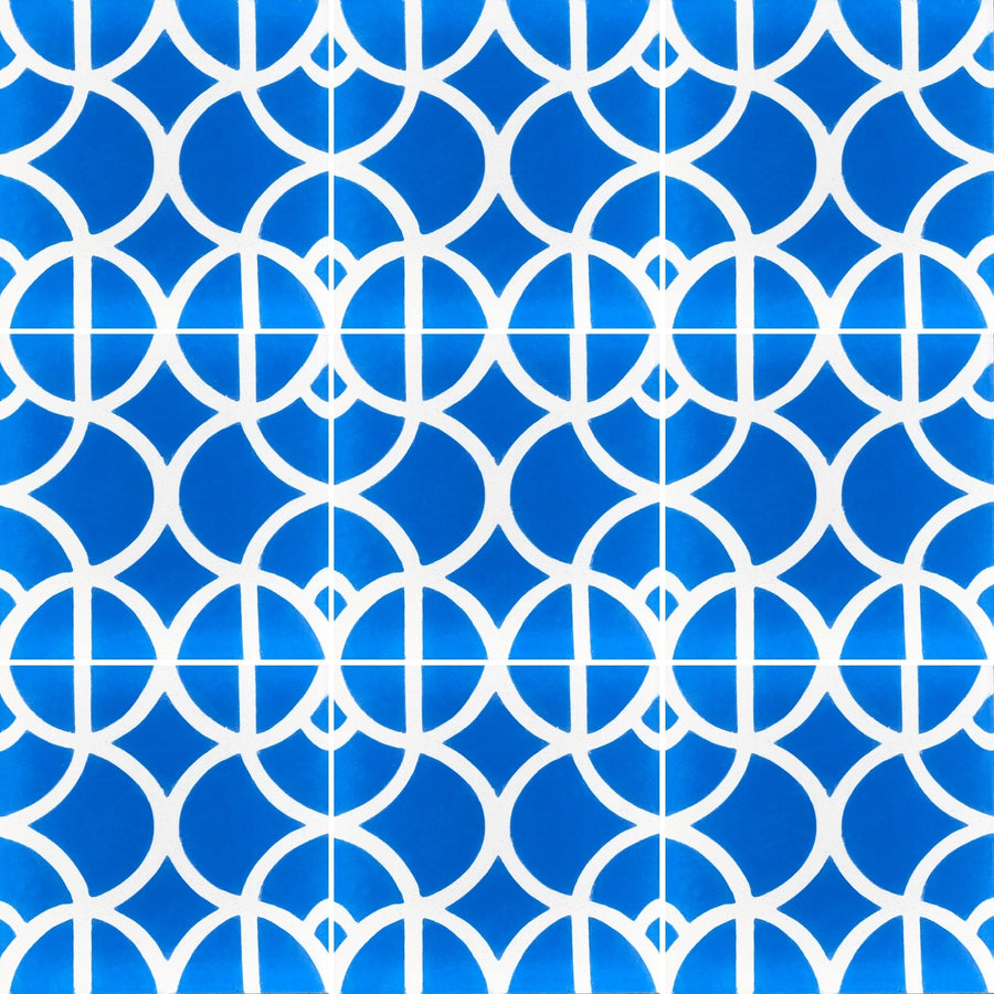 Luxury blue cement tile, handcrafted Moroccan Lotus design, premium blue and white floor and wall tile by Maria Starling Design at brixbailey.com