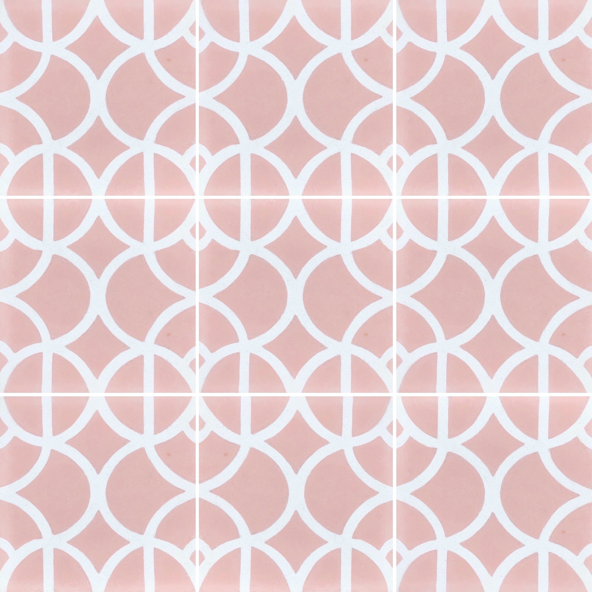 Luxury Moroccan cement floor tiles, handcrafted pink-white LOTUS design, premium contemporary wall and floor tiles, authentic artisan-made by Maria Starling Design at brixbailey.com