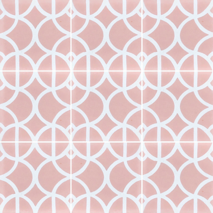 Luxury Moroccan cement floor tiles, handcrafted pink-white LOTUS design, premium contemporary wall and floor tiles, authentic artisan-made by Maria Starling Design at brixbailey.com