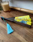 Bright yellow  'Luciferin' silk folding hand fan with flowers and mushroom painted artwork