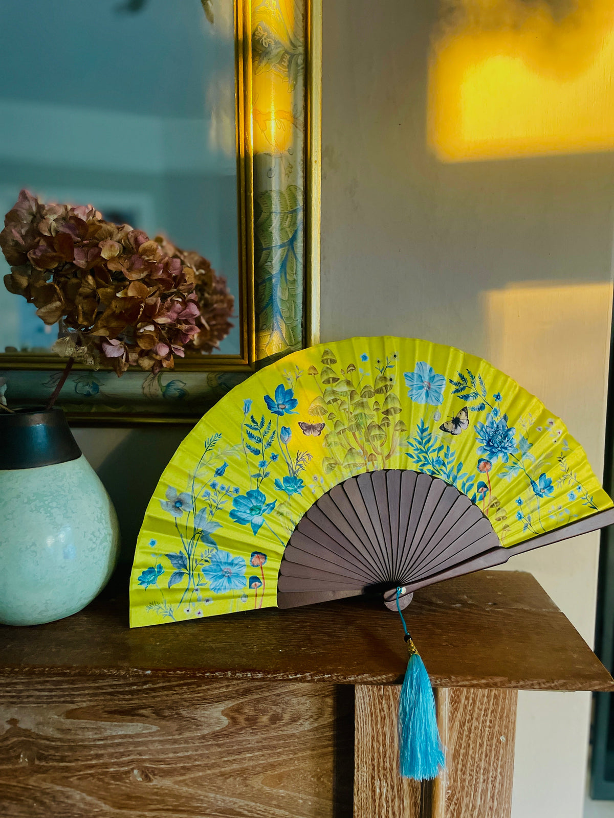 Bright yellow  'Luciferin' silk folding hand fan with flowers and mushroom painted artwork