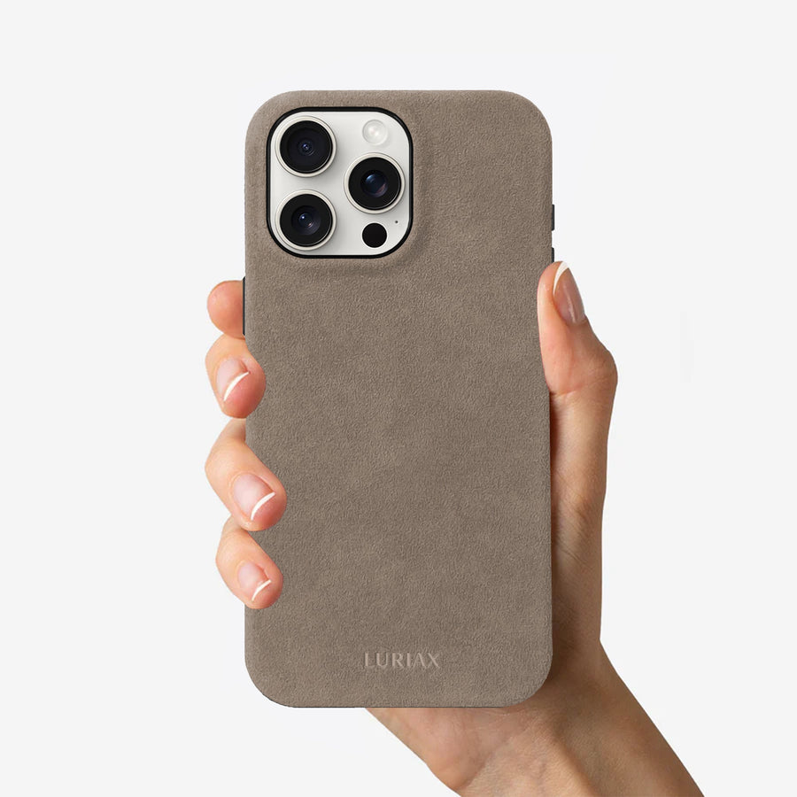 Indulge in Elegance & Protection with Handcrafted Alcantara iPhone Case - Stainless Steel Accents & MagSafe Compatible by Luriax at brixbailey.com