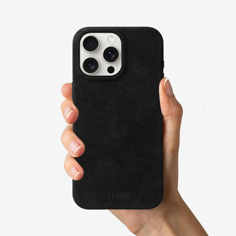 Indulge in Elegance & Protection: Handcrafted Alcantara iPhone Case with Stainless Steel Accents & MagSafe Compatibility by Luriax at brixbailey.com