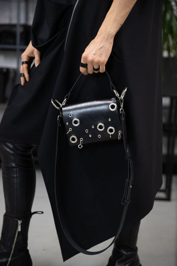 Studded Top Grain Leather Bag with Adjustable Strap