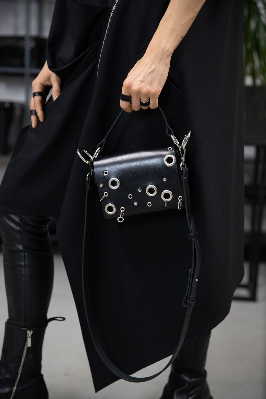 Studded Top Grain Leather Bag with Adjustable Strap