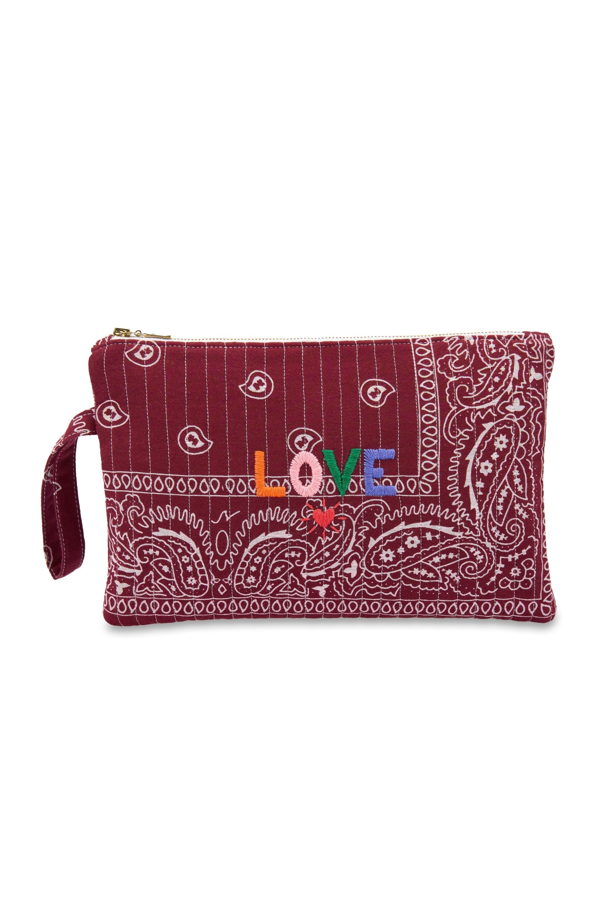 Red paisley patterned pouch with 'LOVE' text on a white background