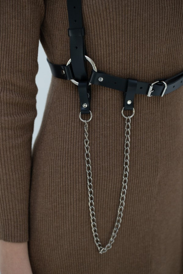 Genuine Leather Body Harness with Chain Detail