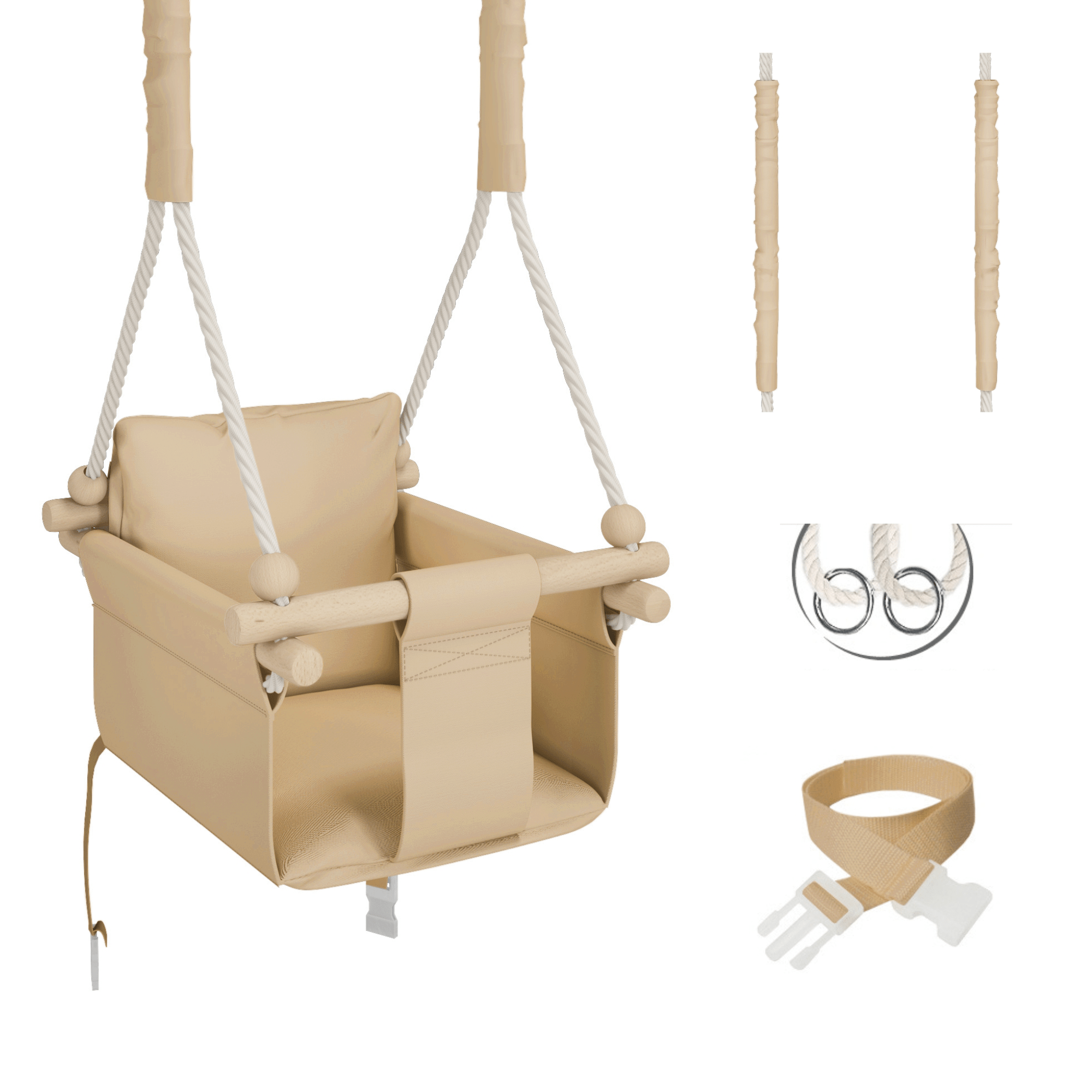 MAMOI® Indoor Children's Swing with Safety Belts, Soft Seat with Cushion, Wooden Handles, Ceiling Mount, 100% ECO, Made in EU-0