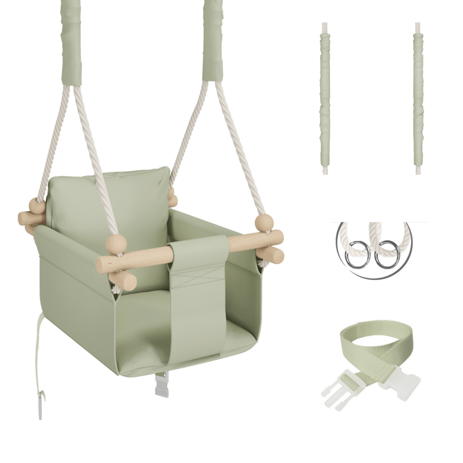 MAMOI® Indoor Children's Swing with Safety Belts, Soft Seat with Cushion, Wooden Handles, Ceiling Mount, 100% ECO, Made in EU-0